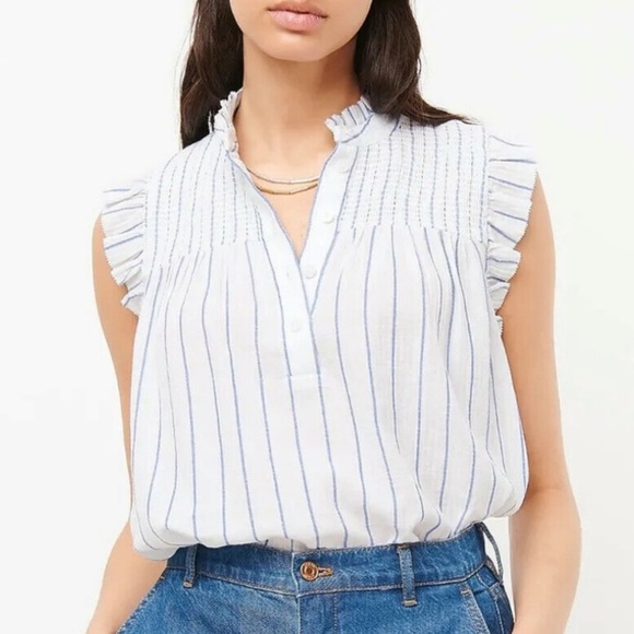J. Crew Tops - NWT J Crew Smocked Ruffle Gauze White & Blue Stripe Top, Size L